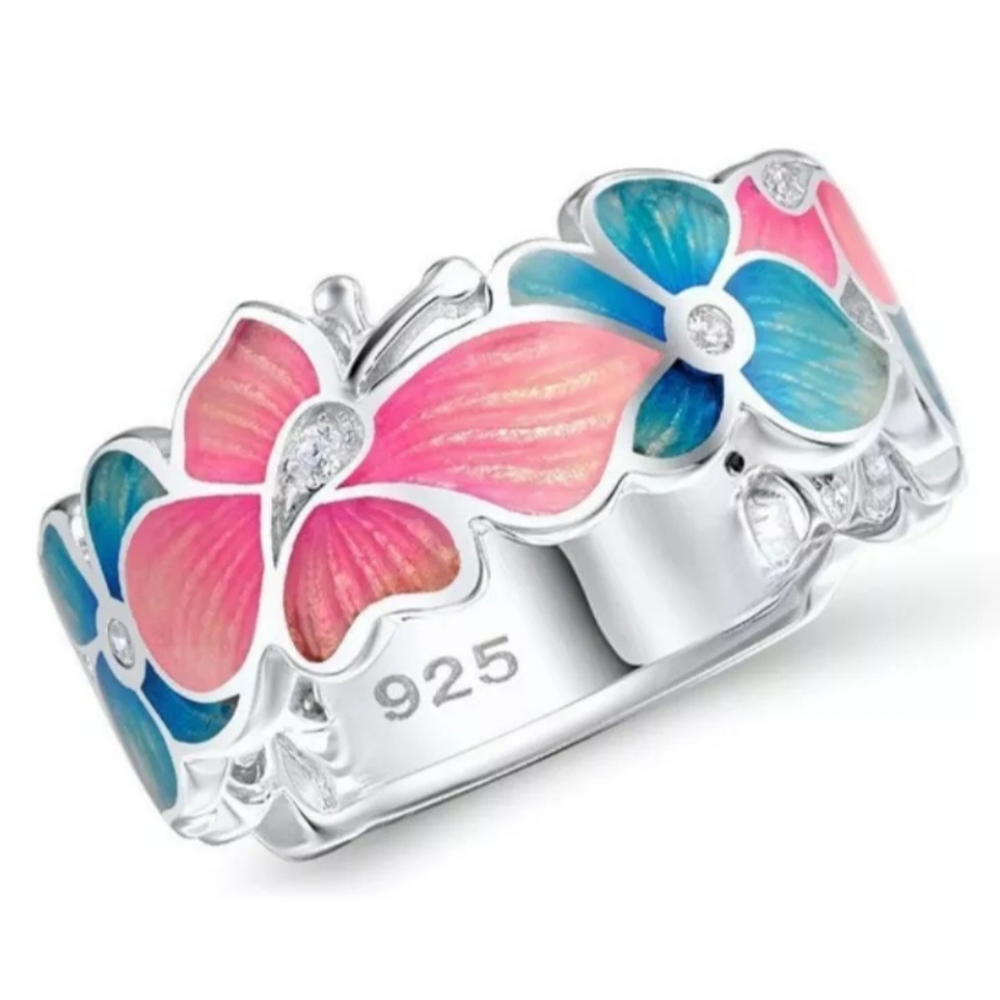 Silver pink and blue enamel butterfly butterflies ring size 7